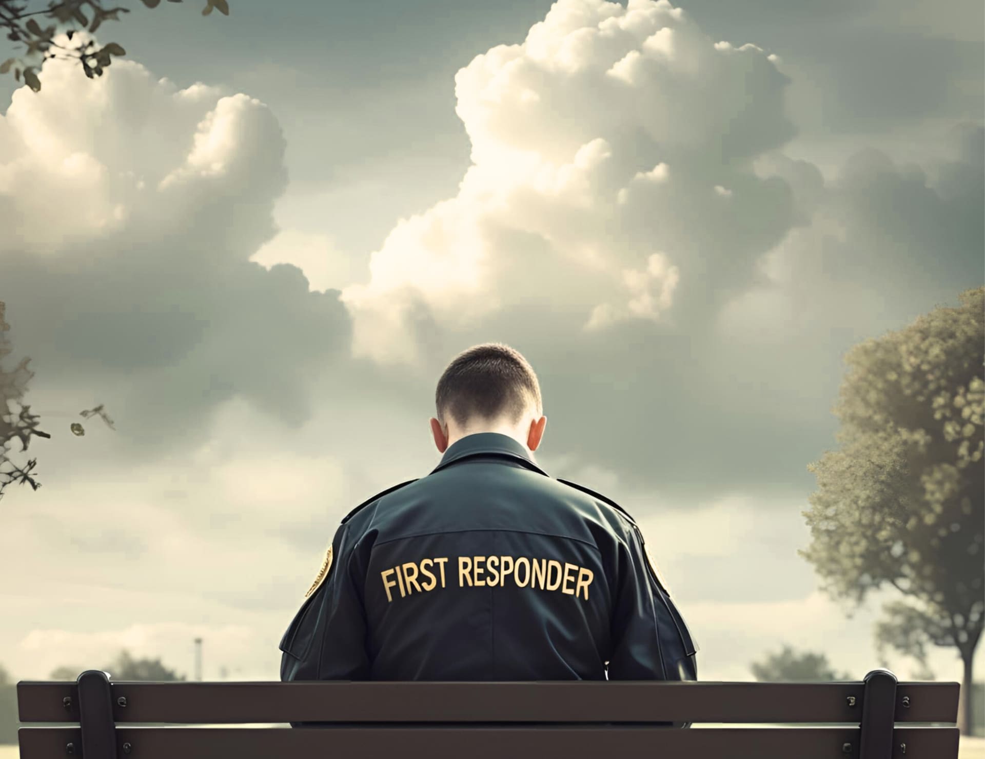 A first responder sitting alone, the words First Responder across the back of the jacket